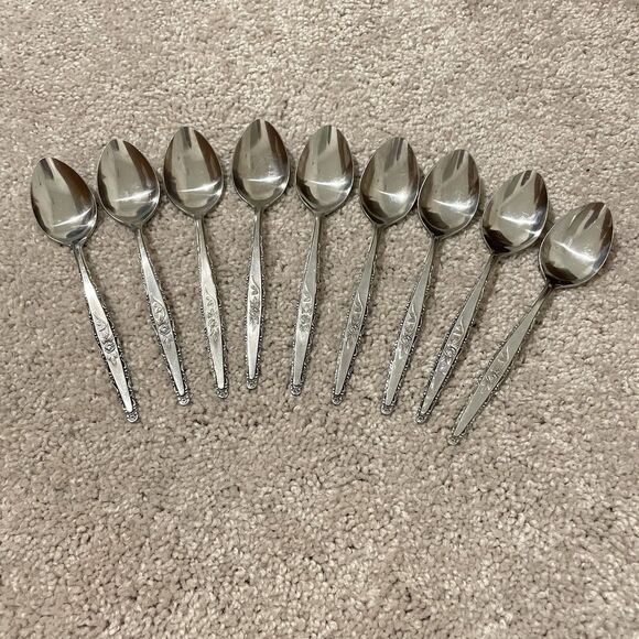 Set of 9 Interpur INR3 Teaspoons 6 1/2" Rose Scroll Edge Stainless Steel Japan - Picture 1 of 5